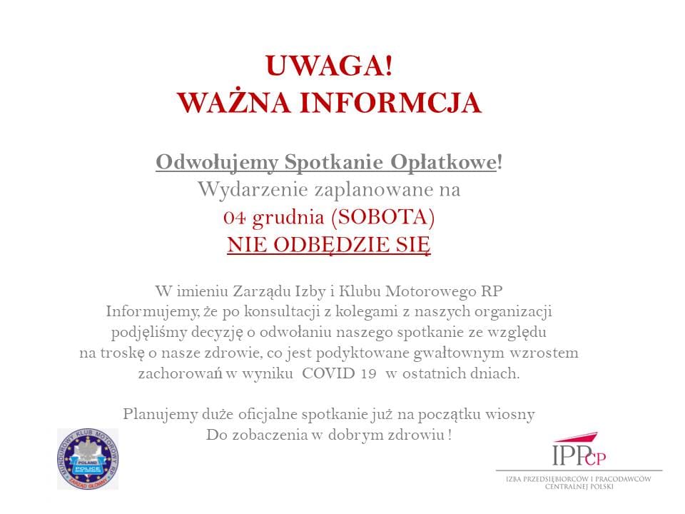 ODWOŁANE SPOTKANIE OPŁATKOWE